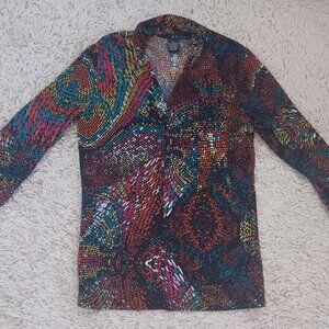 GRACE Womens Small Multicolor Abstract Print Blouse Stretch 3/4 Sleeve Collared